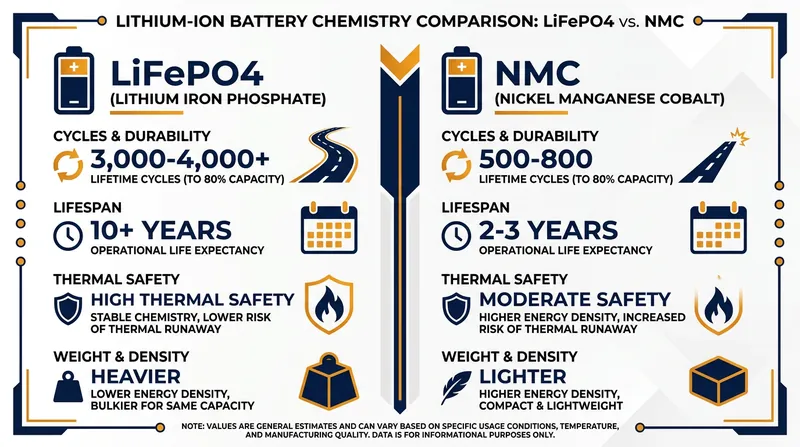 The chemical difference between LiFePO4 and traditional NMC lithium-ion dictates the lifespan of the unit.