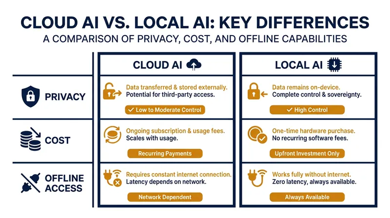 Local AI offers distinct advantages in privacy, predictable costs, and offline availability.
