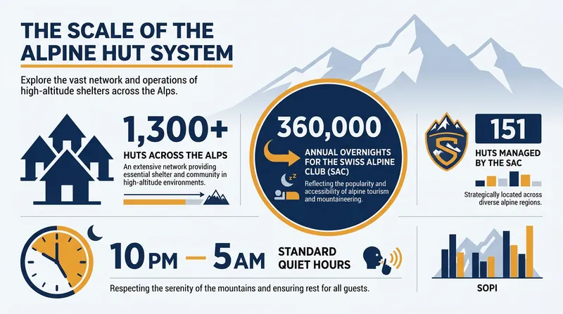 The Alpine hut network operates on a massive scale to support summer trekking.