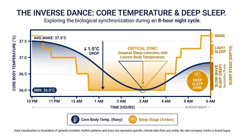 The body's core temperature must drop by 1 to 1.5 degrees Celsius to successfully initiate and maintain deep sleep.