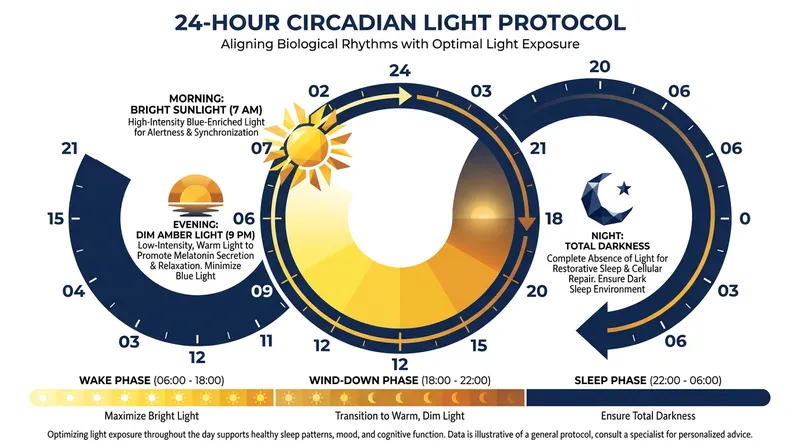 Morning sunlight anchors the circadian rhythm, setting a biological timer for melatonin release 14 to 16 hours later.