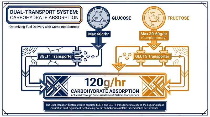 By combining glucose and fructose, modern cyclists bypass the body's natural absorption bottlenecks to take in up to 120 grams of carbohydrates per hour.
