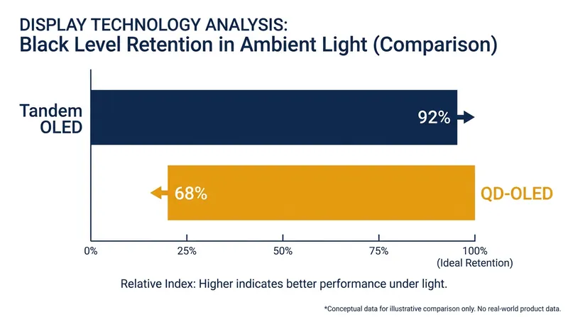 Tandem OLED panels generally maintain deeper black levels in bright rooms compared to QD-OLEDs.