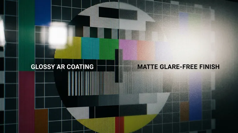 Samsung's matte finish completely diffuses light, while LG's glossy screen preserves absolute contrast.