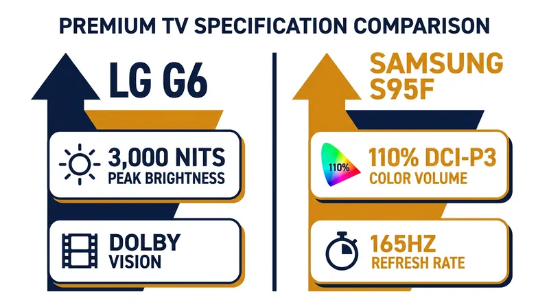 Key specification differences between Tandem OLED and QD-OLED architectures.