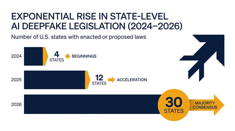 The rapid adoption of state-level deepfake regulations ahead of the 2026 midterms.