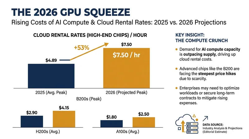Cloud rental rates for top-tier AI hardware have surged in 2026 due to memory shortages and sustained demand.