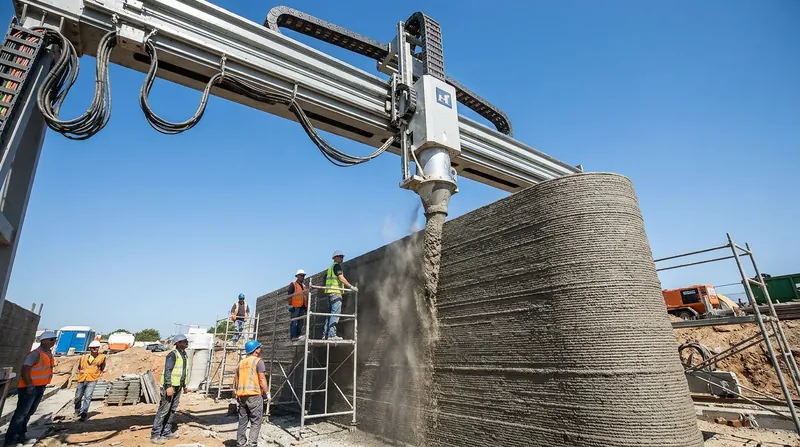 The 45-foot-wide Vulcan printer extrudes a proprietary low-carbon concrete mixture layer by layer.