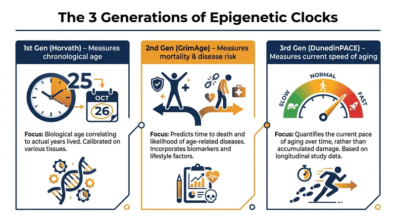 The evolution of epigenetic clocks has shifted from guessing chronological age to predicting actual health outcomes.