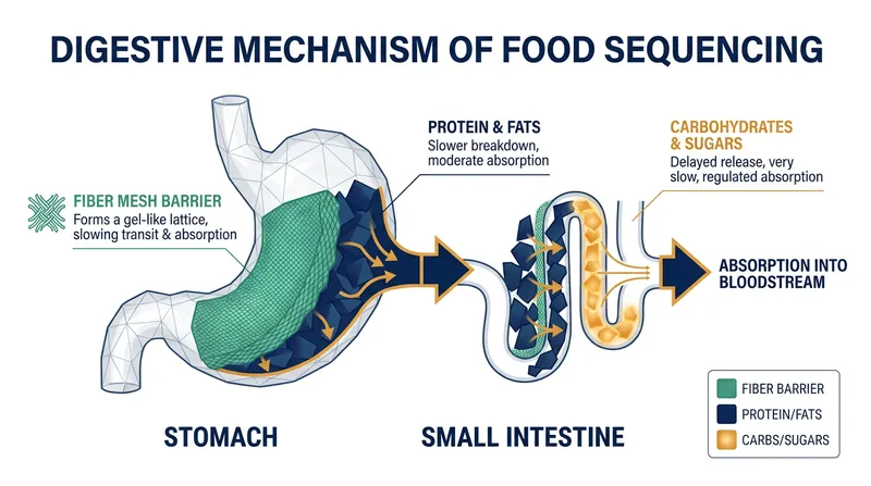 Fiber from vegetables creates a physical barrier in the digestive tract, slowing the absorption of sugars.