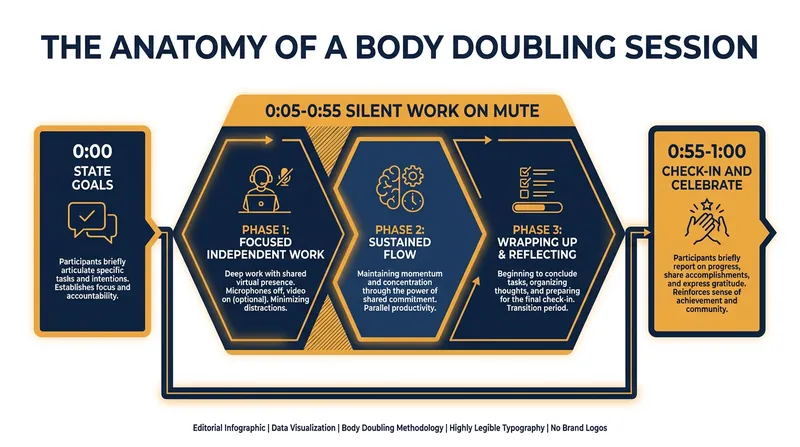 A typical 50-minute body doubling session follows a strict structure to maximize deep work.