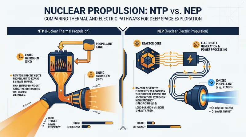 Nuclear Thermal Propulsion directly heats propellant for high thrust, while Nuclear Electric Propulsion generates electricity for highly efficient ion thrusters.
