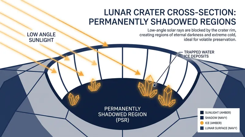 Because of the Moon's minimal axial tilt, sunlight never reaches the bottoms of deep craters at the lunar poles.