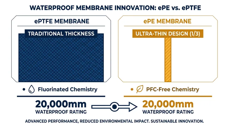 Despite being significantly thinner and lighter, ePE membranes match the 20,000mm waterproof rating of older ePTFE fabrics.