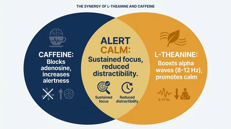 The synergistic effect of caffeine and L-theanine produces a state of focused attention without the jittery side effects of caffeine alone.