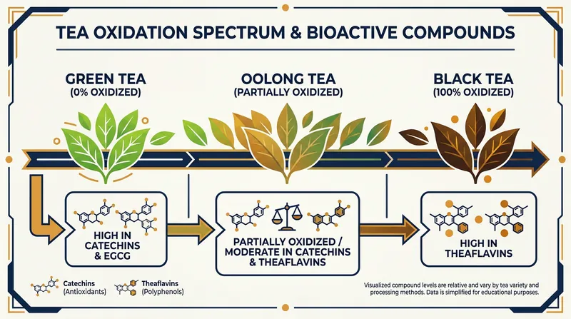 Oxidation dictates both the flavor and the specific antioxidant profile of the final tea.