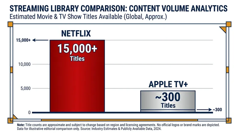 Netflix's massive catalog dwarfs Apple's curated boutique approach.