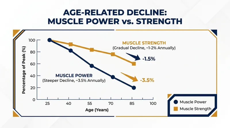 Muscle power (speed x strength) declines significantly faster than raw strength as we age.