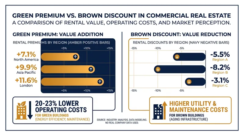 Green-certified offices consistently command higher rents and lower operating costs across major global markets.