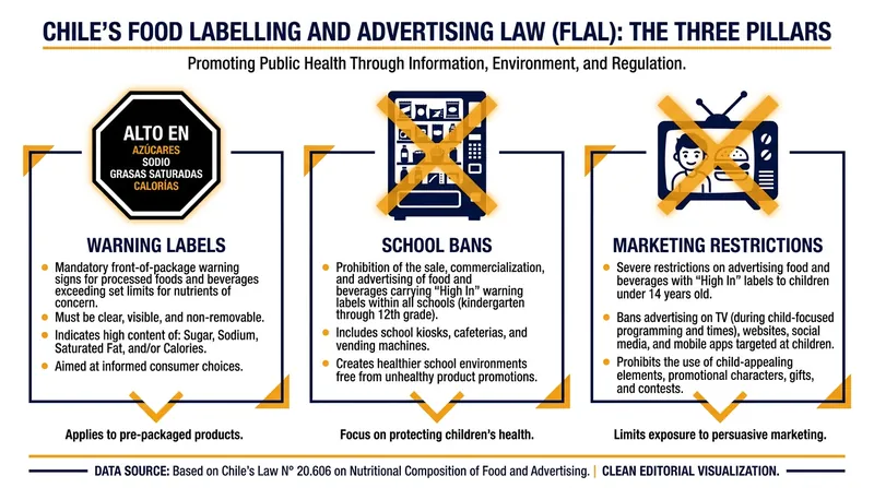 The Chilean law relies on three overlapping strategies to alter the national food environment.