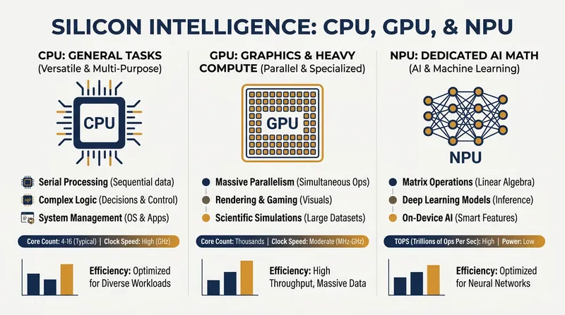 How the NPU differs from traditional processors by specializing in the matrix math required for AI.