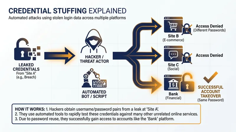 How credential stuffing weaponizes reused passwords across multiple platforms.