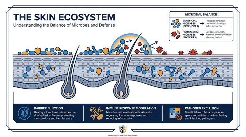 A balanced microbiome competitively excludes harmful bacteria from colonizing the skin.