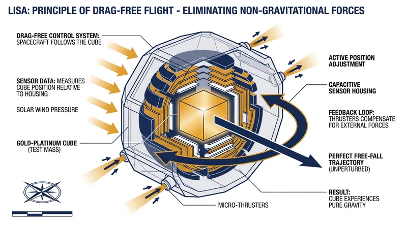 The spacecraft acts as a shield, flying around the free-floating test masses to protect them from solar wind.