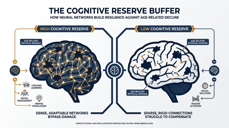 Cognitive reserve acts as a neurological shock absorber, allowing the brain to bypass damaged areas.
