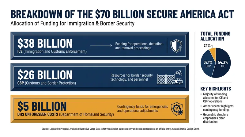 How the $70 billion Secure America Act allocates funding across federal immigration agencies.