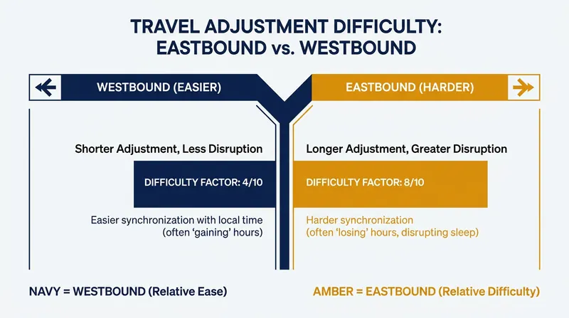 Traveling east requires advancing the internal clock, which is biologically more difficult than delaying it when flying west.