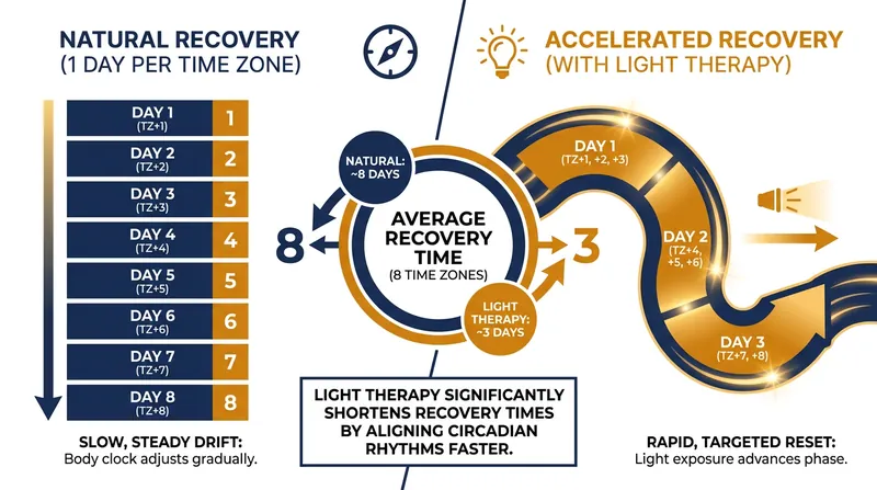 Without intervention, the human body takes roughly one day to adjust to each time zone crossed.
