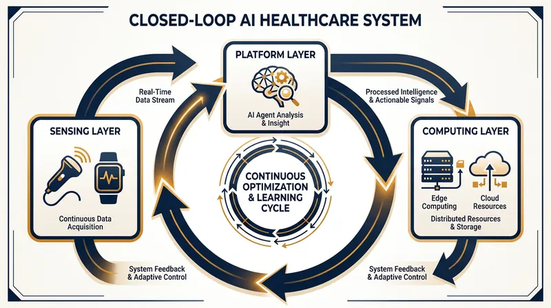 The closed-loop architecture continuously captures patient data, processes it via AI, and triggers automated clinical actions.