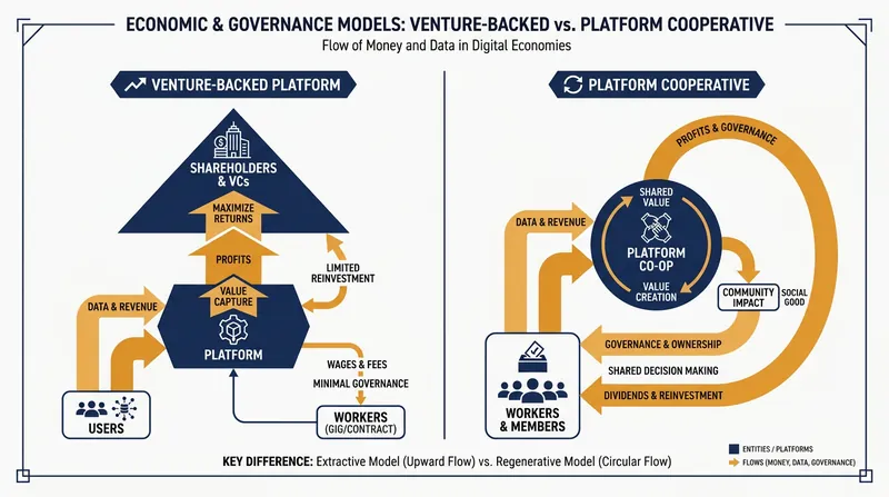 Platform cooperatives fundamentally rewire the flow of equity and decision-making.