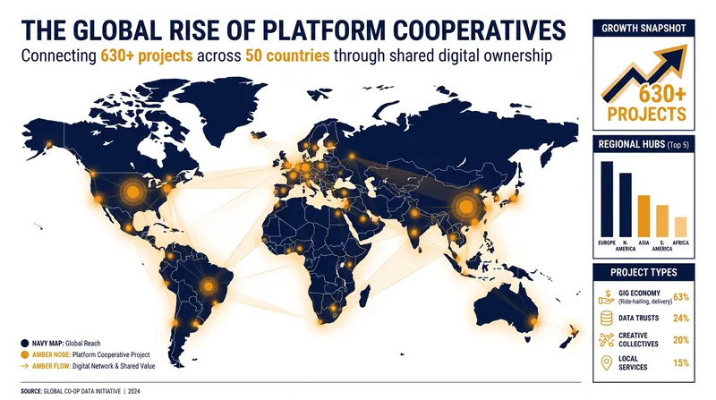 The platform cooperativism movement has expanded to over 630 active projects worldwide.