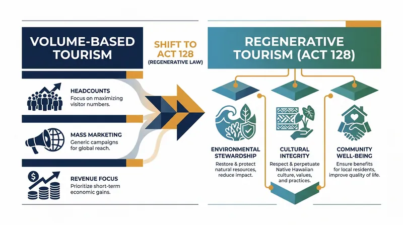 Act 128 legally shifts Hawaii's tourism metrics from sheer visitor volume to community and ecological well-being.