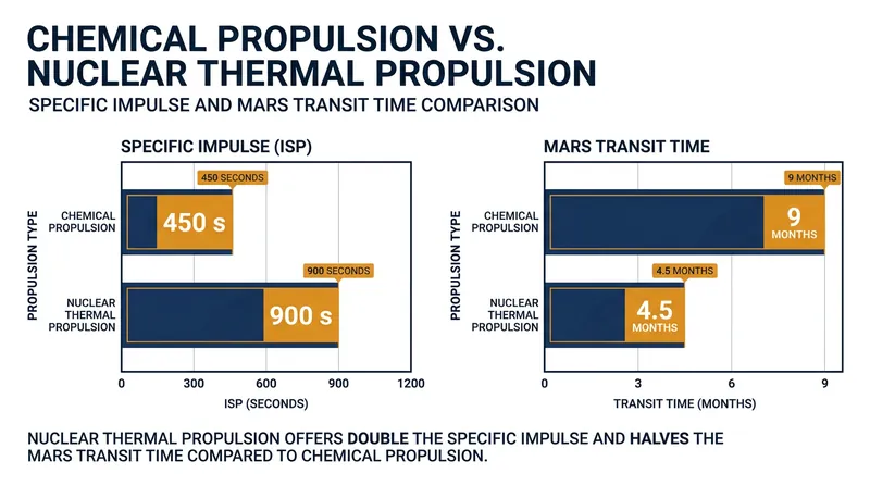 Nuclear thermal propulsion doubles the fuel efficiency of chemical rockets, drastically reducing transit times.