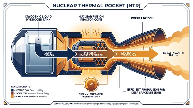 Unlike chemical rockets, NTP systems use a fission reactor to heat liquid hydrogen, generating thrust without combustion.