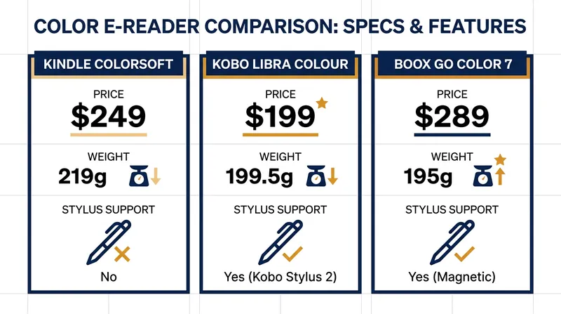 A side-by-side comparison of the hardware trade-offs between the three leading color e-readers.