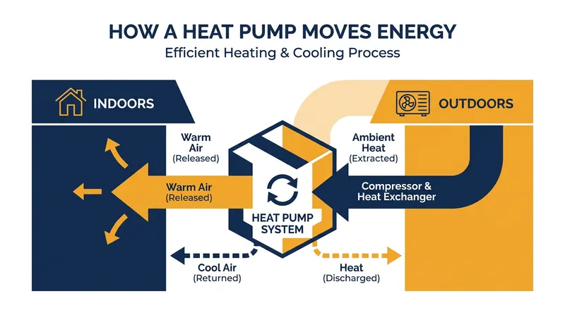 Heat pumps do not generate heat; they use refrigerant to move ambient heat from one location to another.