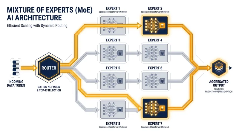 A Mixture of Experts architecture saves massive amounts of compute by only activating specialized sub-networks for each specific query.