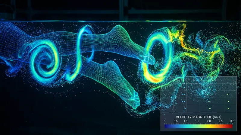 Advanced fluid dynamics modeling reveals the complex vortex structures that generate forward thrust during the undulatory kick.