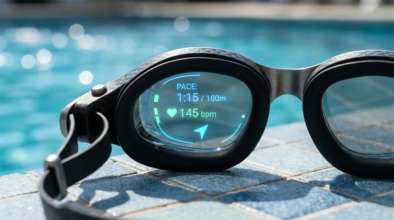 Next-generation AR smart goggles project real-time biometric data directly into the swimmer's line of sight.
