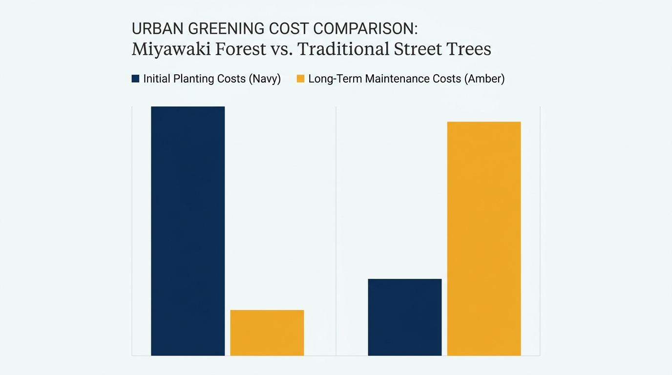 While initial soil preparation is costly, Miyawaki forests require zero maintenance after three years.