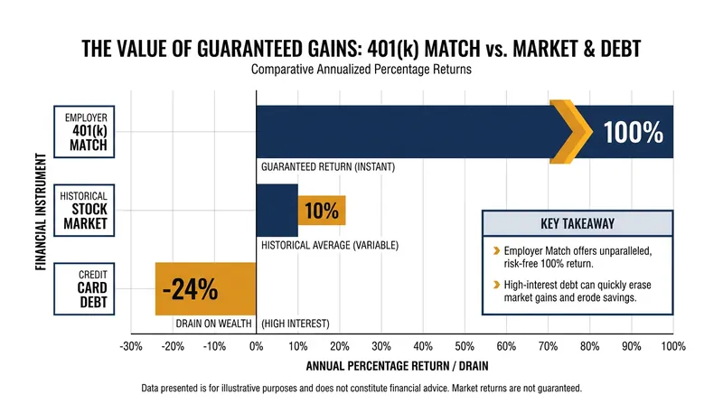 Why capturing an employer match and clearing debt beat standard market returns.