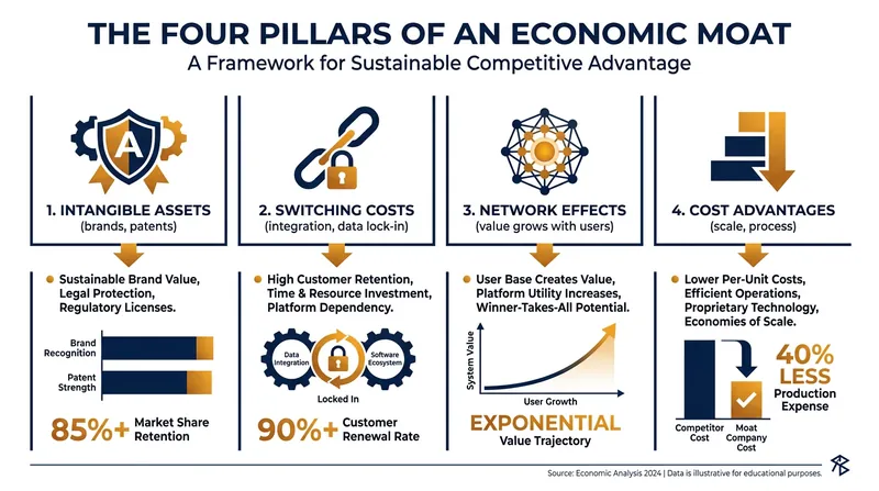 Financial analysts typically look for four structural advantages that protect a company's market share.