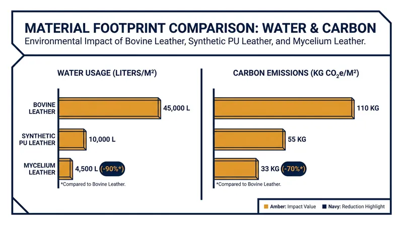 Mycelium leather drastically reduces the water and carbon footprint compared to traditional animal agriculture.