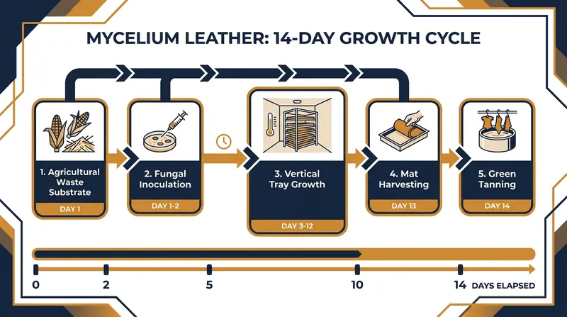 The bio-fabrication process transforms agricultural waste into a leather-like mat in under two weeks.