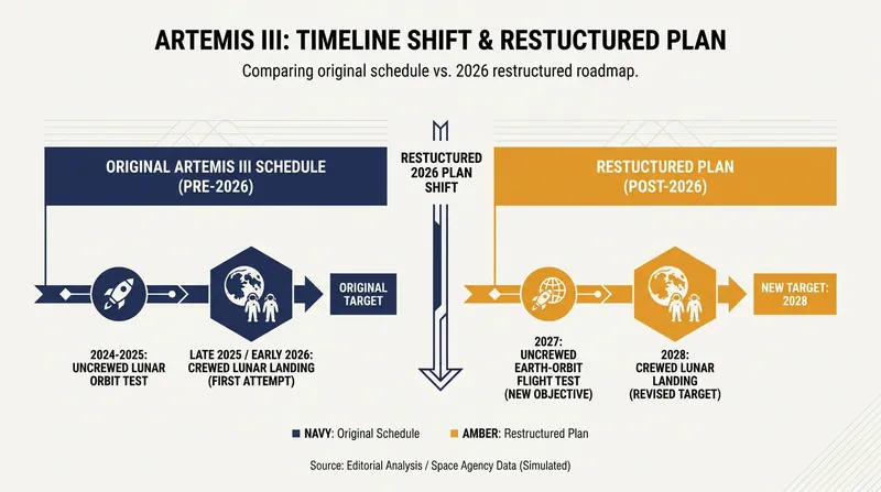 NASA's restructured timeline pushes the first crewed lunar landing to Artemis IV in 2028.
