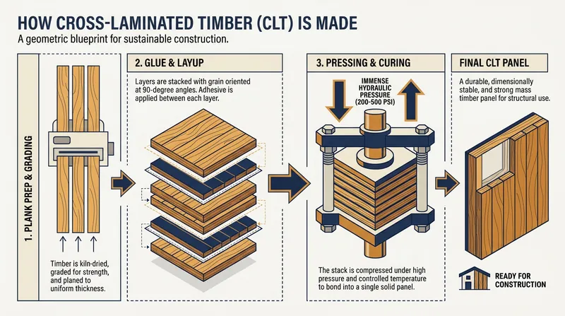 Cross-Laminated Timber (CLT) achieves its immense strength by gluing layers of wood at alternating right angles.